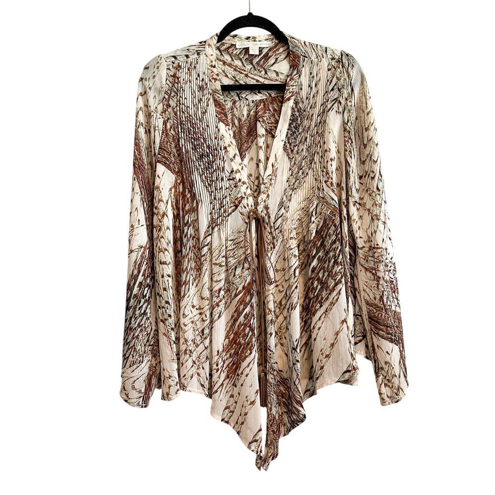 Boston Proper Boho Sheer Flare Sleeve Tie Front Multi-Color Top Size 6